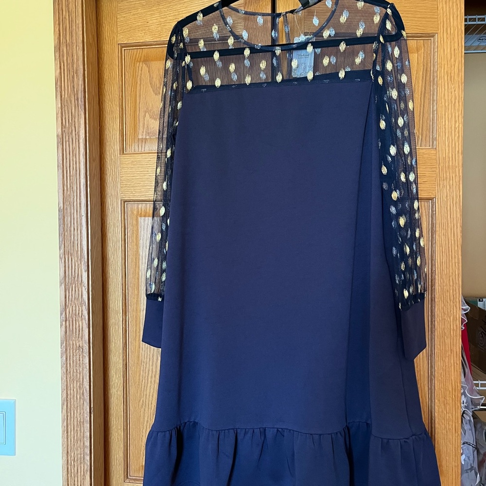 Suzanne Betro Navy Dress with Sheer Gold Polka Dot Sleeves